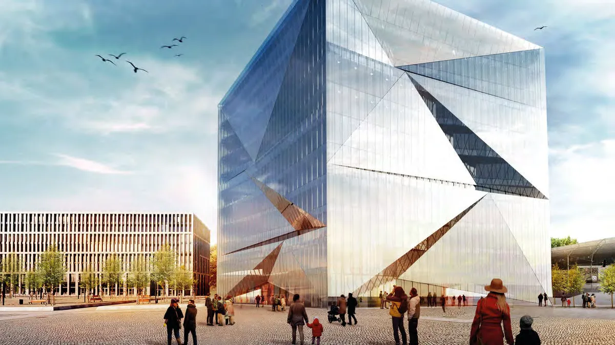 The Cube, a faceted glass office building at Berlin central station.